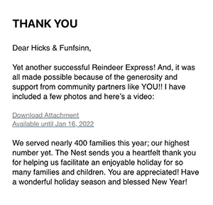 The Nest’s Reindeer Express note of thanks for the firm's sponsorship